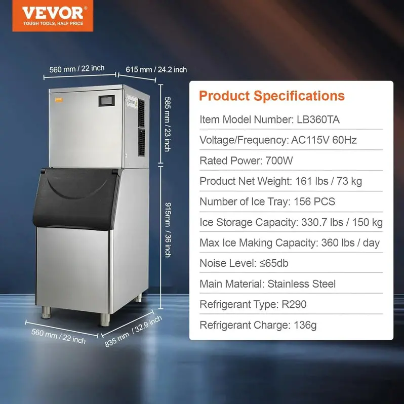 VEVOR Commercial Ice Maker – 360 lbs/24H Output with 330.7 lbs Storage Bin