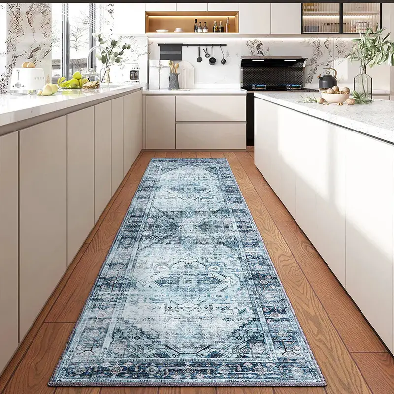 Vintage-Style 9x12 Blue Floral Indoor Rug – Low-Pile Washable Carpet