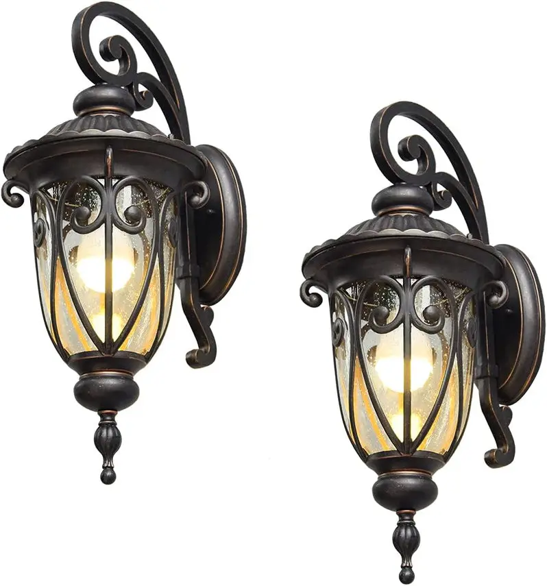Vintage-Style Aluminum Outdoor Wall Sconce – 23-Inch Exterior Lantern with Seeded Glass Shade, Pack of 2 (Bronze Finish)