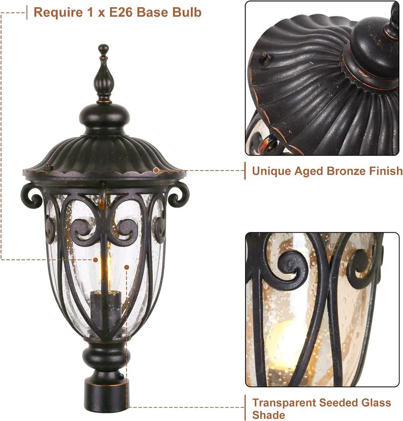 Vintage-Style Aluminum Outdoor Wall Sconce – 23-Inch Exterior Lantern with Seeded Glass Shade, Pack of 2 (Bronze Finish)