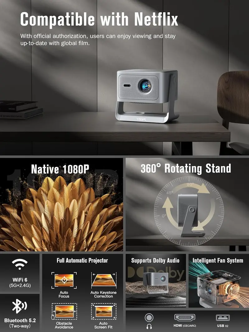 VISSPL 4K Smart Projector — Dolby Audio, Auto Focus, 3D Compatibility, and Seamless WiFi Integration