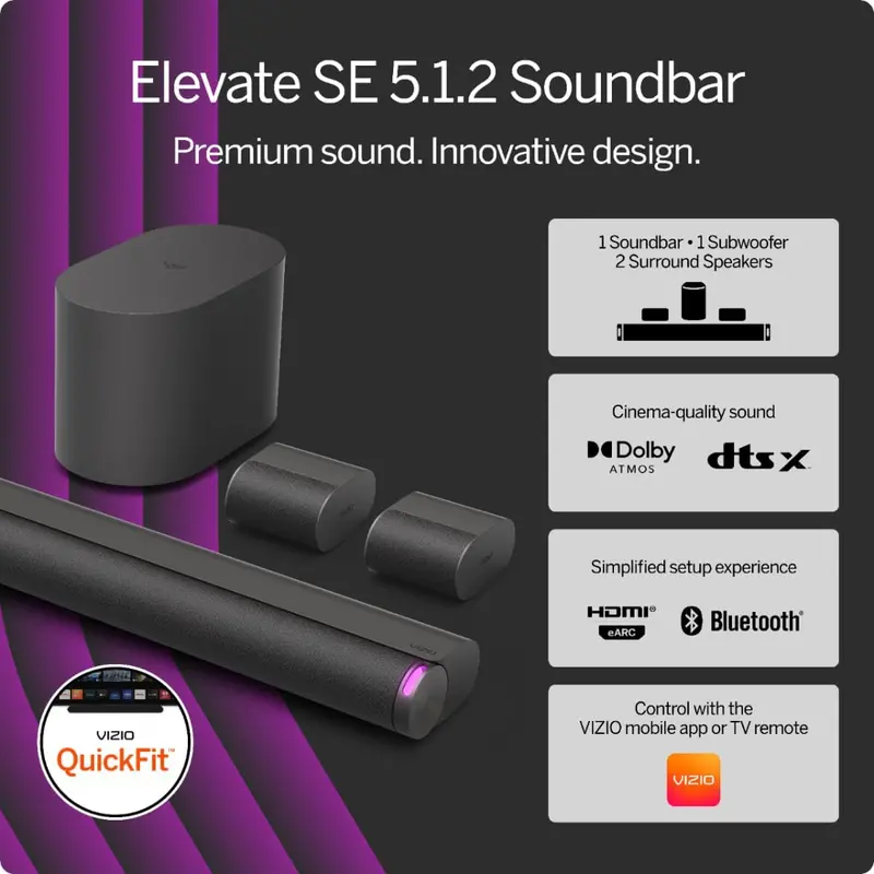 VIZIO Elevate SE 5.1.2 Dolby Atmos Soundbar System — Wireless Subwoofer, 2024 Model
