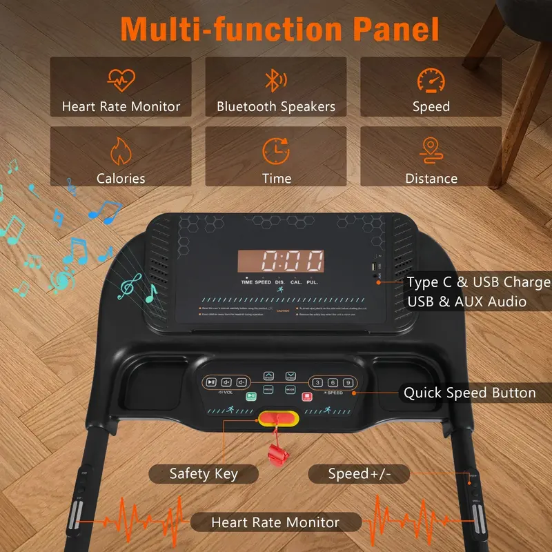 VLDTDRDI 3.5HP Folding Treadmill – 500LB Capacity, 10MPH, Bluetooth Speaker, USB Charging, Incline & Heart Rate Monitoring