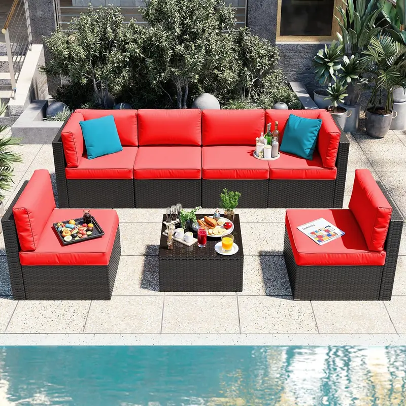 Vongrasig 5-Piece All-Weather Patio Sectional – PE Rattan Sofa with Ottoman, Glass Table & Beige Cushions