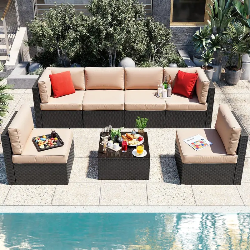 Vongrasig 5-Piece All-Weather Patio Sectional – PE Rattan Sofa with Ottoman, Glass Table & Beige Cushions