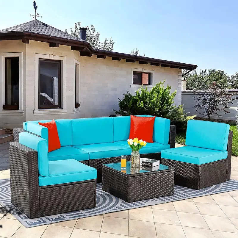 Vongrasig 5-Piece All-Weather Patio Sectional – PE Rattan Sofa with Ottoman, Glass Table & Beige Cushions