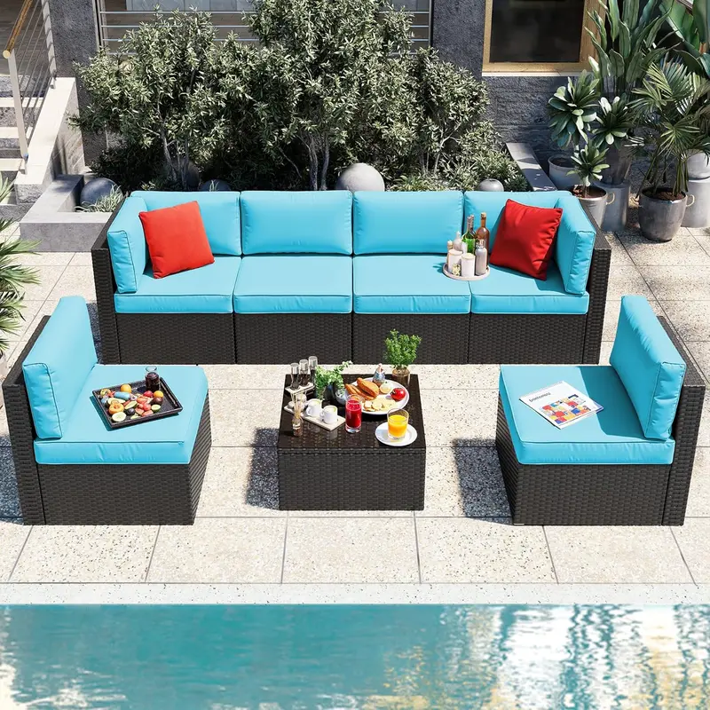 Vongrasig 5-Piece All-Weather Patio Sectional – PE Rattan Sofa with Ottoman, Glass Table & Beige Cushions