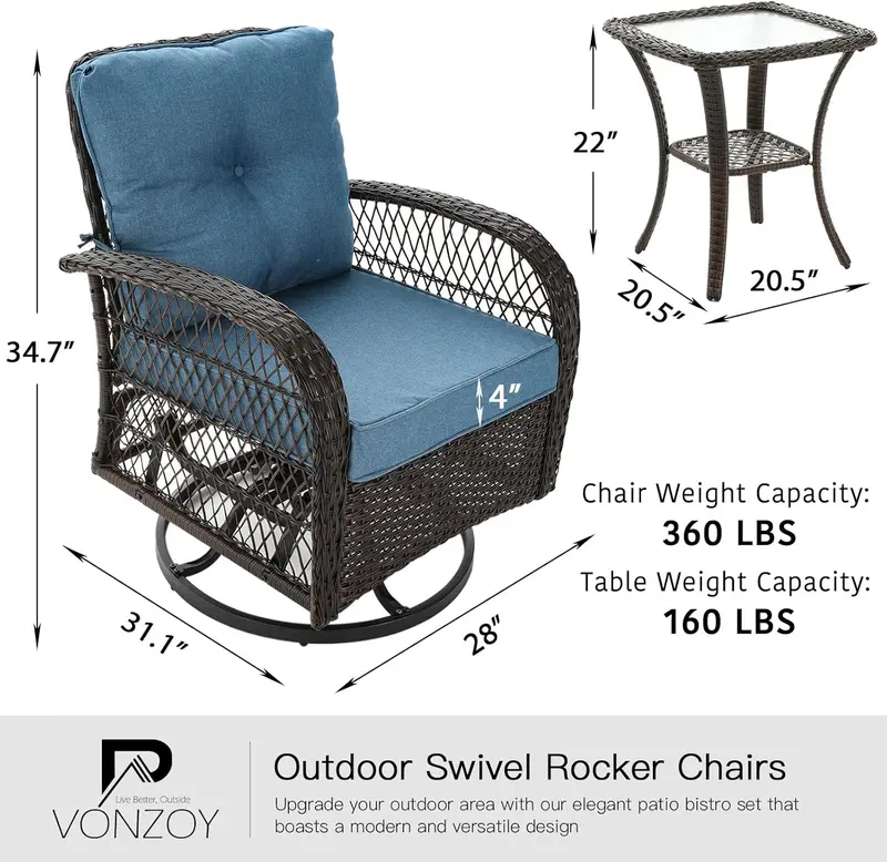 VONZOY Patio Furniture Set – 3-Piece Rocking Chair Collection with Premium Thick Cushions
