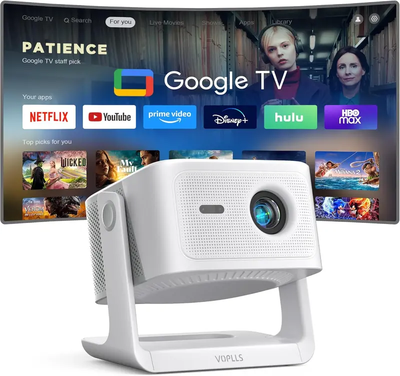 VOPLLS Google TV 4K Smart Projector with Dual-Band WiFi, Bluetooth 5.0, and Outdoor Optimization