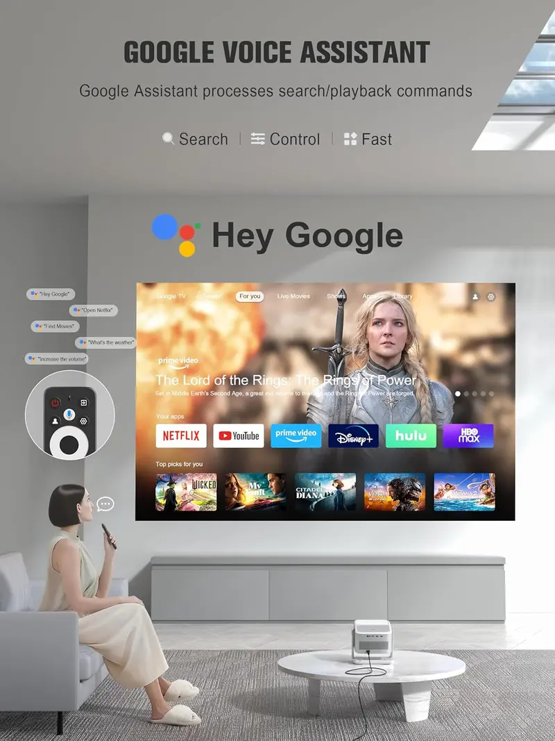 VOPLLS Google TV 4K Smart Projector with Dual-Band WiFi, Bluetooth 5.0, and Outdoor Optimization