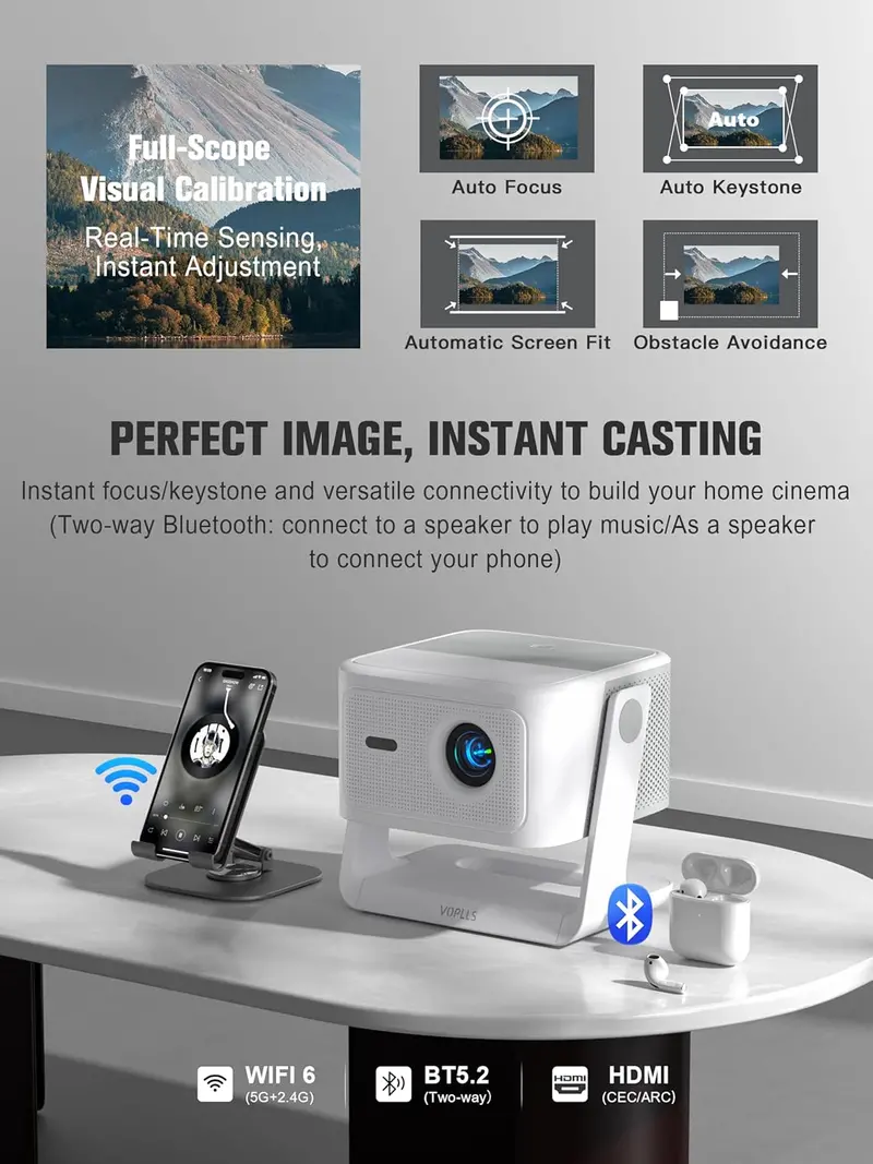 VOPLLS Google TV 4K Smart Projector with Dual-Band WiFi, Bluetooth 5.0, and Outdoor Optimization
