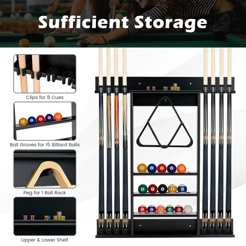Wall-Mounted Solid Pine Pool Cue Rack for Billiards Accessories 2