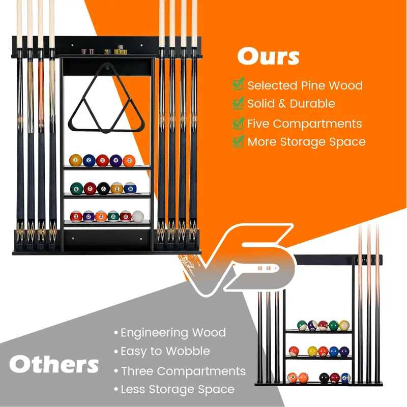 Wall-Mounted Solid Pine Pool Cue Rack for Billiards Accessories
