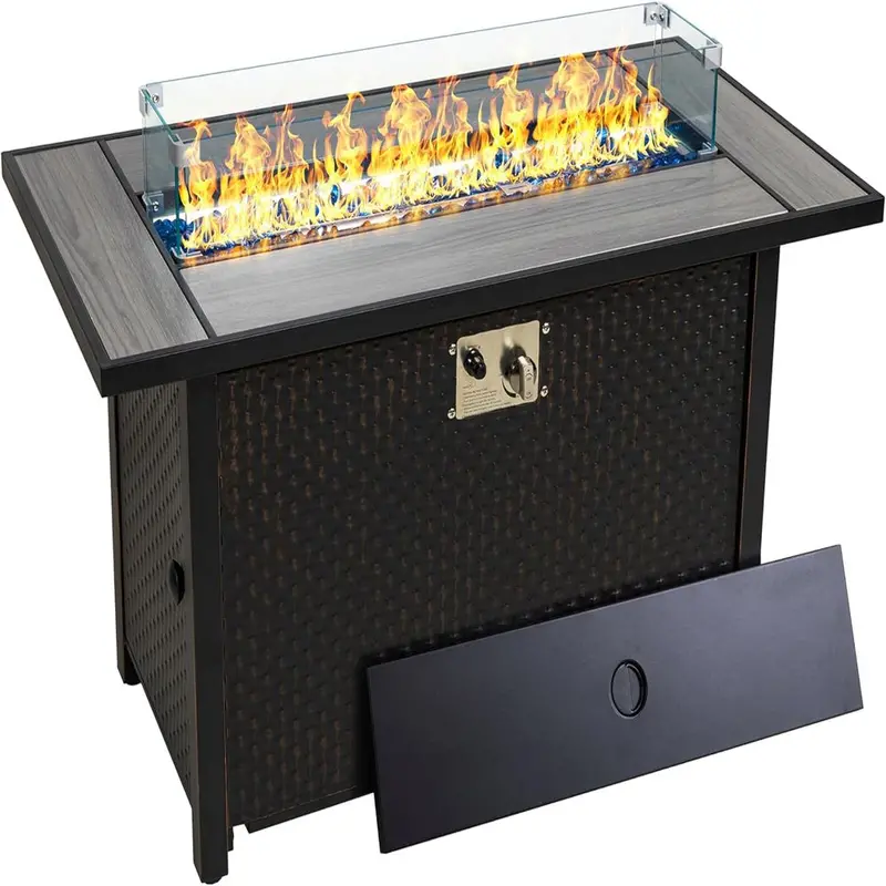 Walsunny 45-Inch Propane Fire Pit Table – 50,000 BTU Rattan Patio Design with Lid & Wind Guard