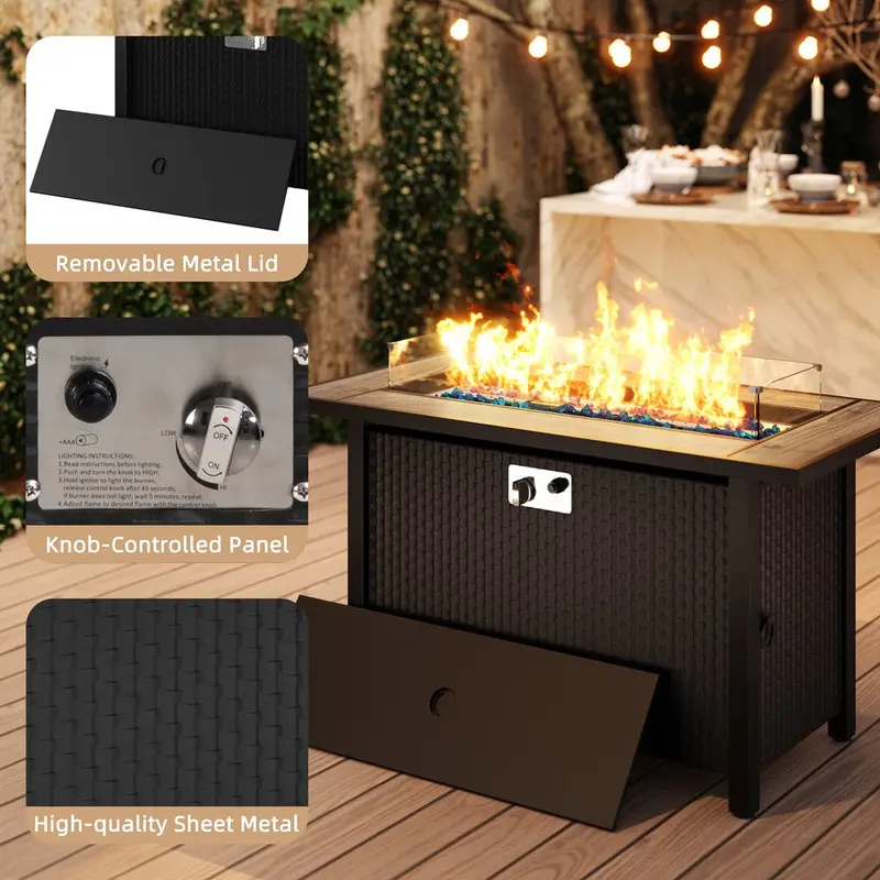 Walsunny 45-Inch Propane Fire Pit Table – 50,000 BTU Rattan Patio Design with Lid & Wind Guard