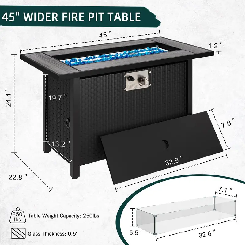 Walsunny 45-Inch Propane Fire Pit Table – 50,000 BTU Rattan Patio Design with Lid & Wind Guard