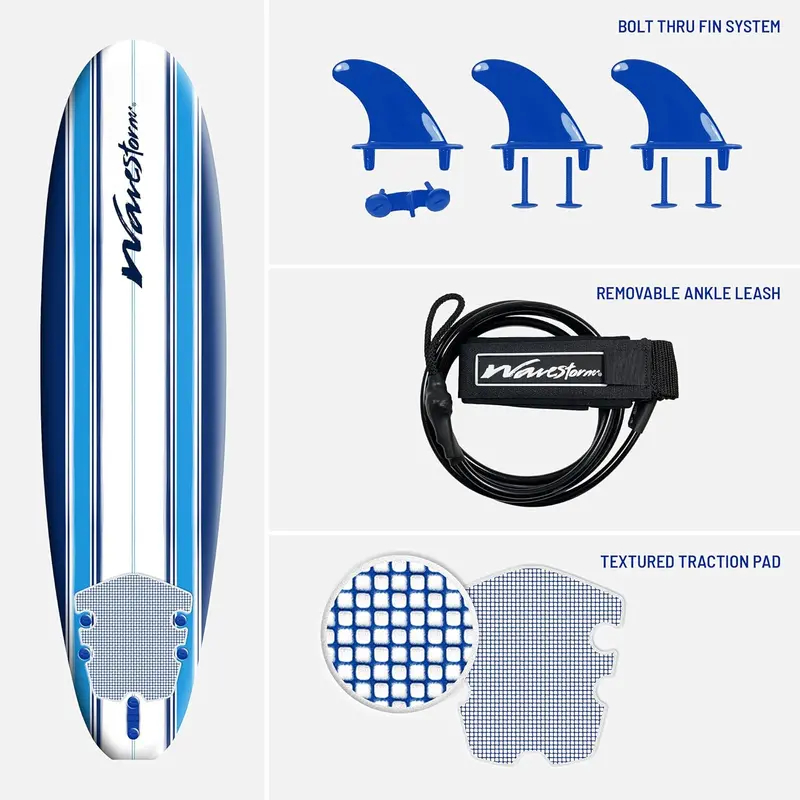 Wavestorm 7ft Soft Top Foam Surfboard – Beginner-Friendly Complete Set with Leash, Fins, and Heat-Laminated Construction