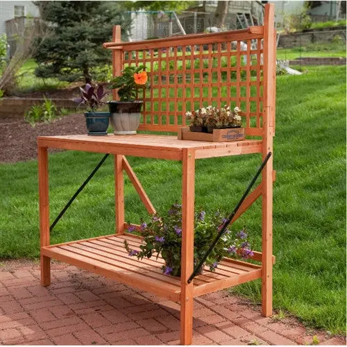 Weather-Resistant Fir Wood Potting Bench – Outdoor Garden Table with Lattice Back & Shelf Storage