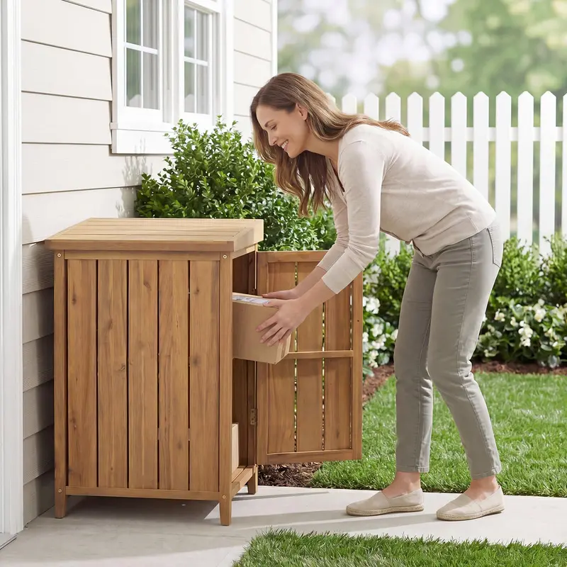 Weather-Resistant Outdoor Wood Package Delivery Box with Locking Lid 2