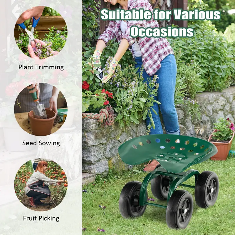 Wheeled Garden Utility Cart, Adjustable Swivel-Seat Cart for Lawn and Landscape Tasks