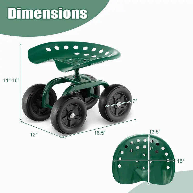 Wheeled Garden Utility Cart, Adjustable Swivel-Seat Cart for Lawn and Landscape Tasks