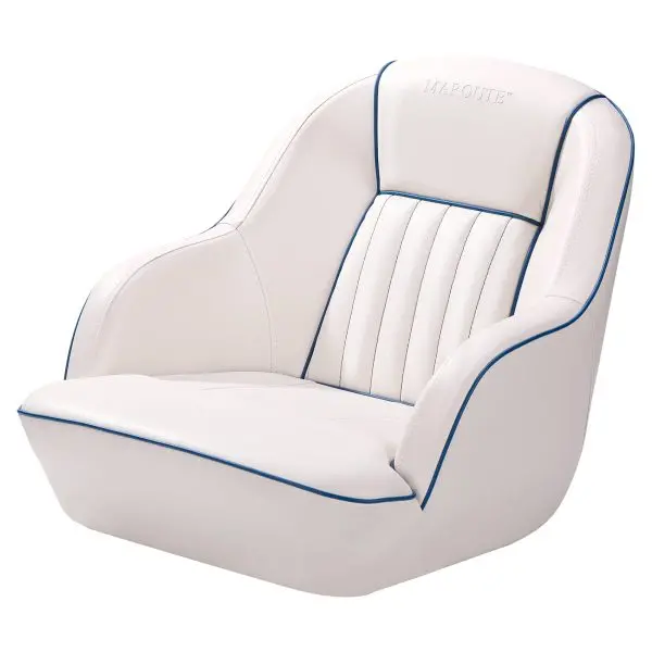 White & Blue Captains Bucket Pontoon Boat Seat – Fold-Back Backrest, Marine-Grade Cabin Seating