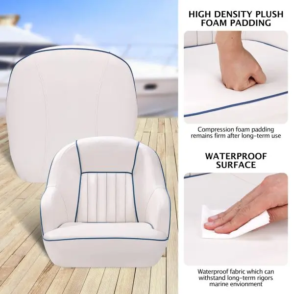 White & Blue Captains Bucket Pontoon Boat Seat – Fold-Back Backrest, Marine-Grade Cabin Seating