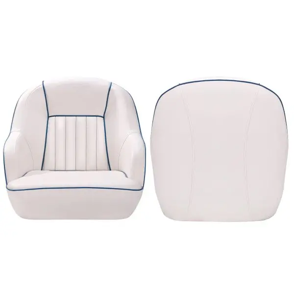 White & Blue Captains Bucket Pontoon Boat Seat – Fold-Back Backrest, Marine-Grade Cabin Seating