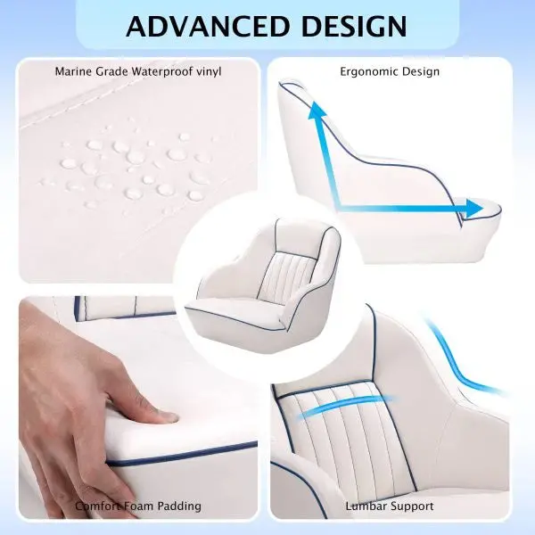 White & Blue Pontoon Boat Captain’s Seat – Fold-Back Backrest for Compact Cabin Use