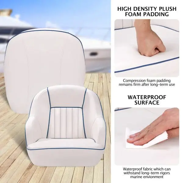 White & Blue Pontoon Boat Captain’s Seat – Fold-Back Backrest for Compact Cabin Use