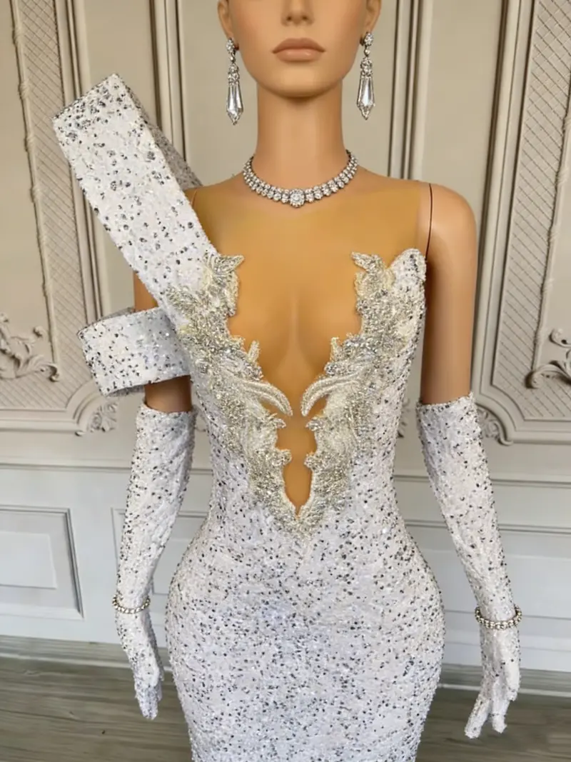 White Sequined Mermaid Formal Gown – Deep V-Neck, Asymmetrical Shoulder, Full-Length Evening Dress