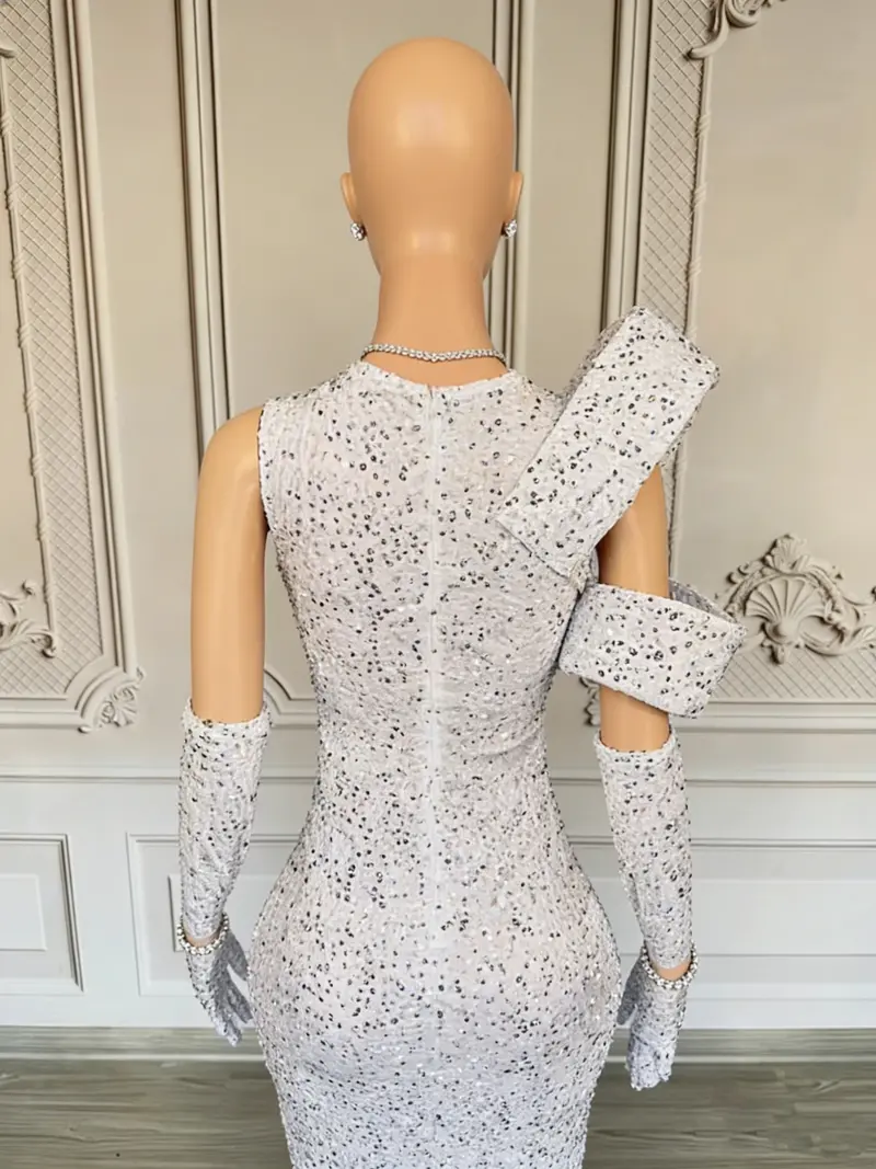 White Sequined Mermaid Formal Gown – Deep V-Neck, Asymmetrical Shoulder, Full-Length Evening Dress