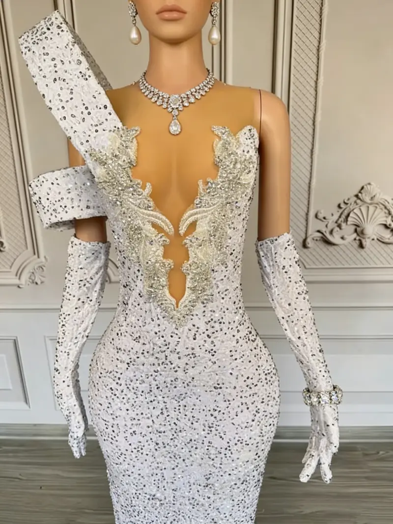 White Sequined Mermaid Formal Gown – Deep V-Neck, Asymmetrical Shoulder, Full-Length Evening Dress 3