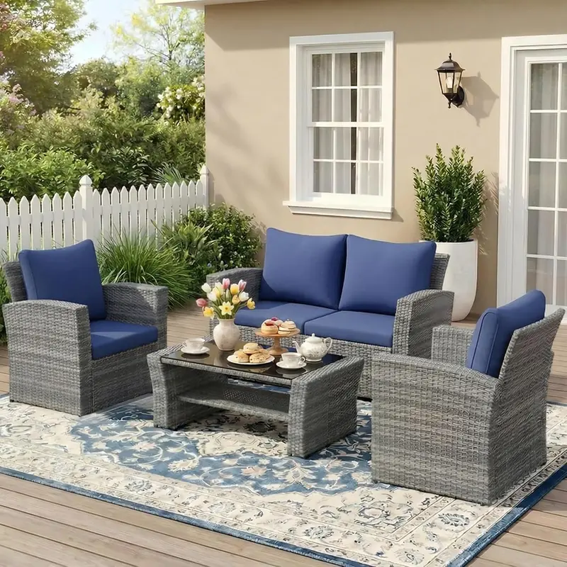 Wisteria Lane 4-Piece Navy Blue All-Weather Wicker Patio Sofa Set with Cushions and Glass Coffee Table