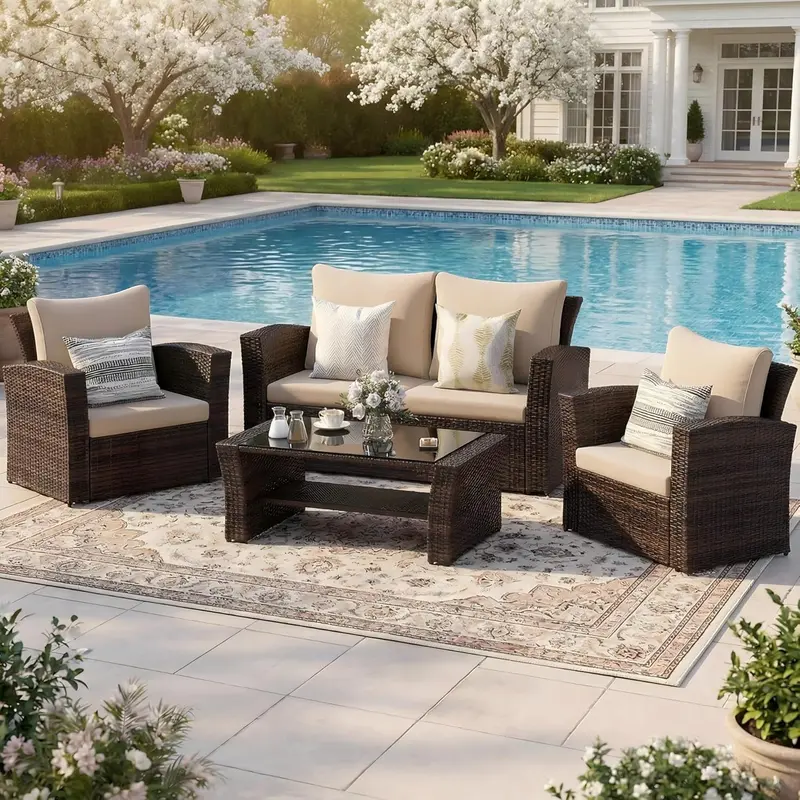 Wisteria Lane 4-Piece Navy Blue All-Weather Wicker Patio Sofa Set with Cushions and Glass Coffee Table