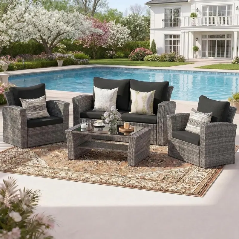 Wisteria Lane 4-Piece Navy Blue All-Weather Wicker Patio Sofa Set with Cushions and Glass Coffee Table