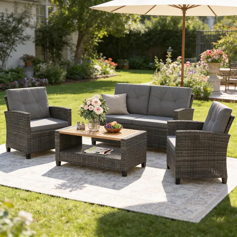 Wisteria Lane 4-Piece Navy Blue All-Weather Wicker Patio Sofa Set with Cushions and Glass Coffee Table 11