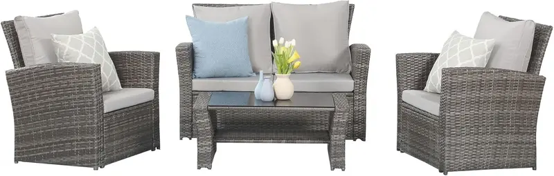Wisteria Lane 4-Piece Navy Blue All-Weather Wicker Patio Sofa Set with Cushions and Glass Coffee Table