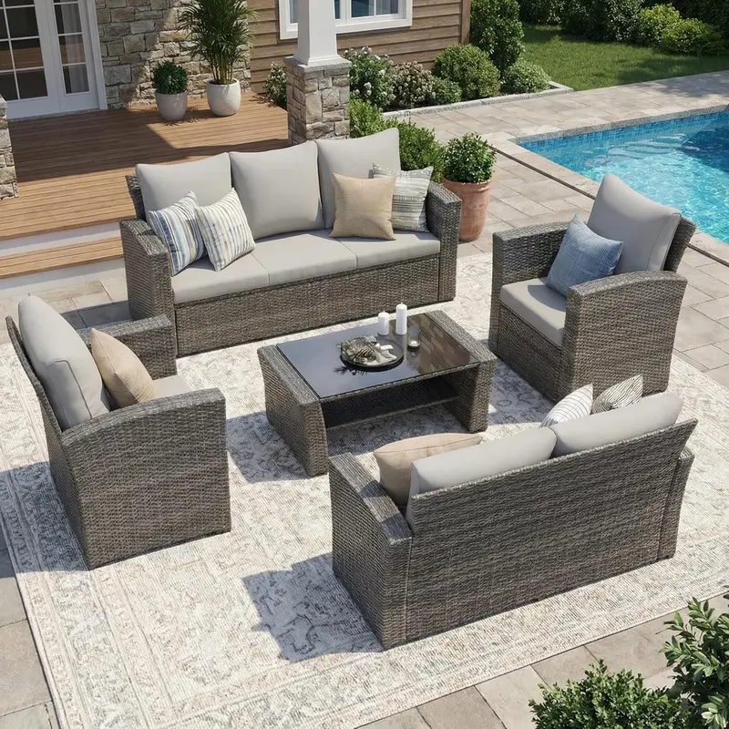 Wisteria Lane 4-Piece Navy Blue All-Weather Wicker Patio Sofa Set with Cushions and Glass Coffee Table
