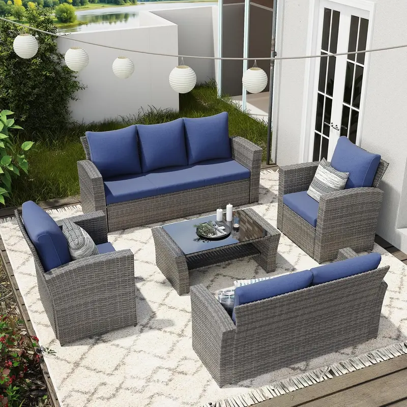 Wisteria Lane 4-Piece Navy Blue All-Weather Wicker Patio Sofa Set with Cushions and Glass Coffee Table