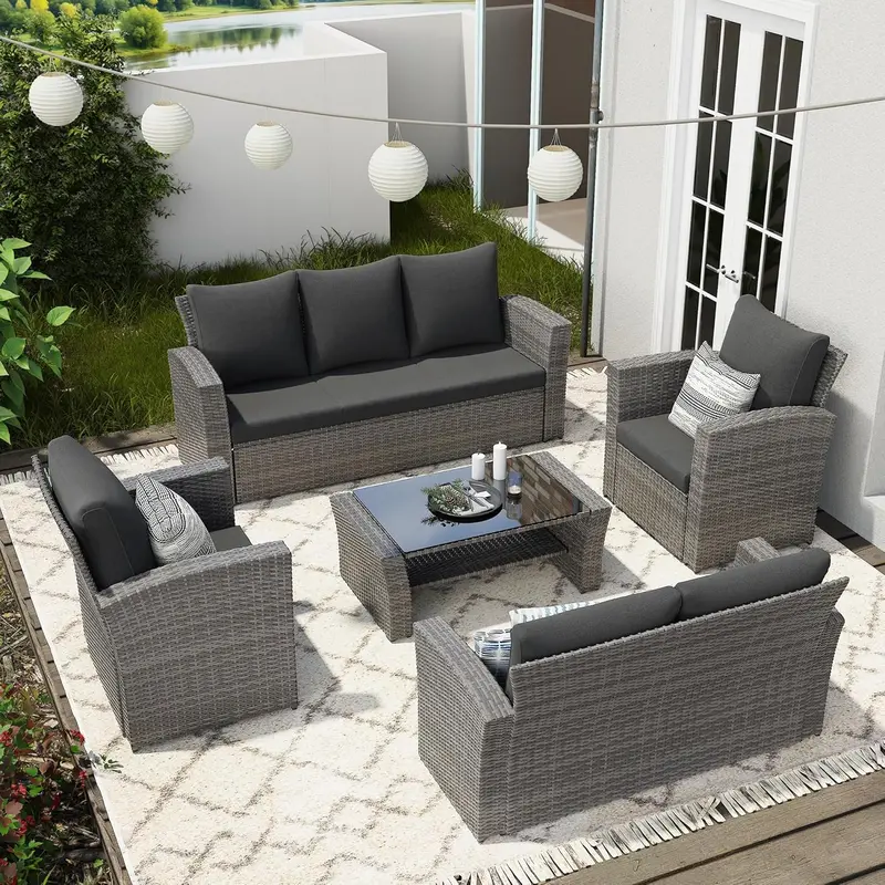 Wisteria Lane 4-Piece Navy Blue All-Weather Wicker Patio Sofa Set with Cushions and Glass Coffee Table