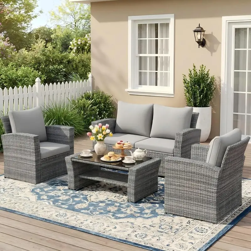 Wisteria Lane 4-Piece Navy Blue All-Weather Wicker Patio Sofa Set with Cushions and Glass Coffee Table