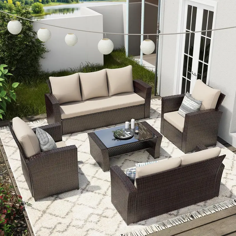 Wisteria Lane 4-Piece Navy Blue All-Weather Wicker Patio Sofa Set with Cushions and Glass Coffee Table