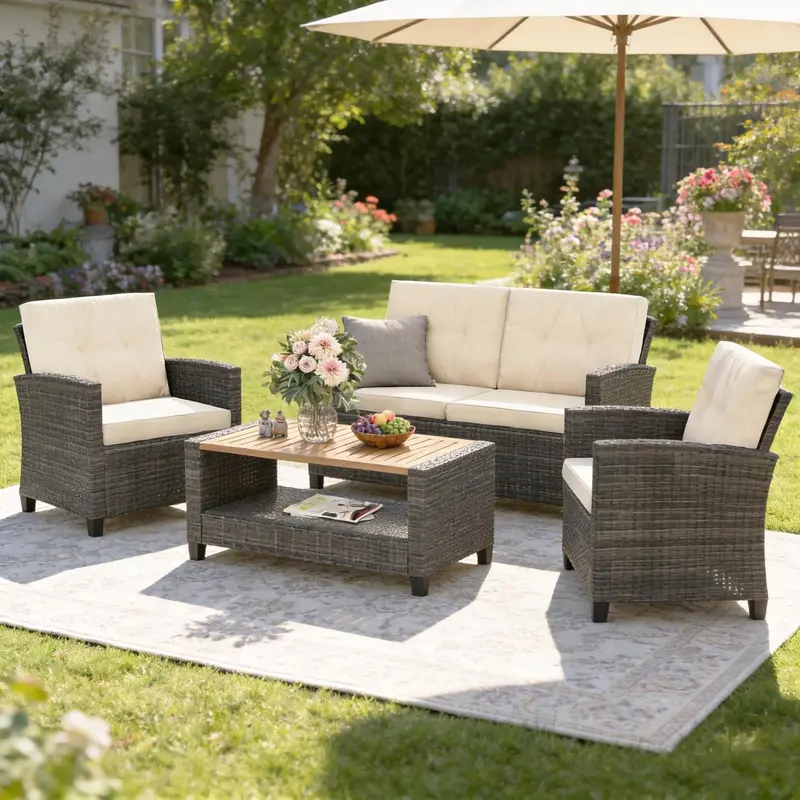Wisteria Lane 4-Piece Navy Blue All-Weather Wicker Patio Sofa Set with Cushions and Glass Coffee Table