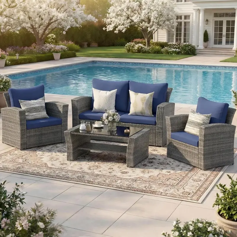 Wisteria Lane 4-Piece Navy Blue All-Weather Wicker Patio Sofa Set with Cushions and Glass Coffee Table