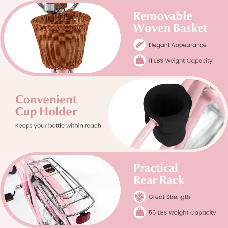 Women’s 24/26-Inch Beach Cruiser – Cup Holder, Reflectors, Stylish Basket Design