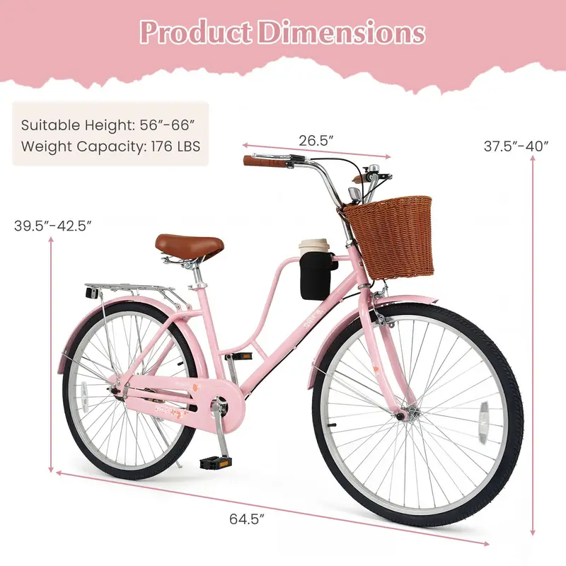 Women’s 24/26-Inch Beach Cruiser – Cup Holder, Reflectors, Stylish Basket Design