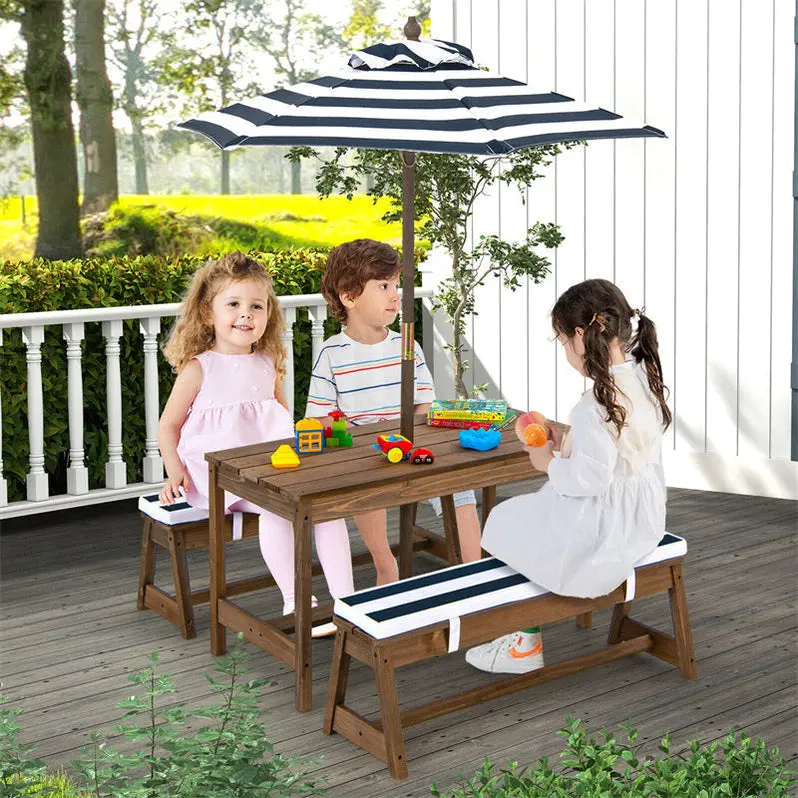 Wooden Kids’ Picnic Table & Bench Set – Outdoor Play Table with Cushioned Seats & Adjustable Umbrella