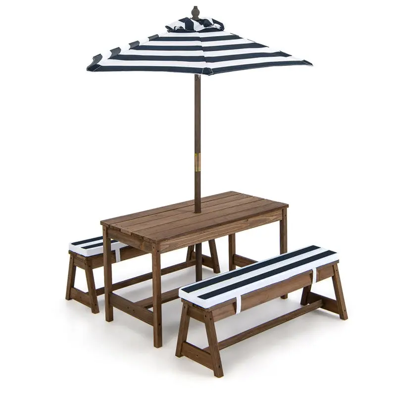 Wooden Kids’ Picnic Table & Bench Set – Outdoor Play Table with Cushioned Seats & Adjustable Umbrella