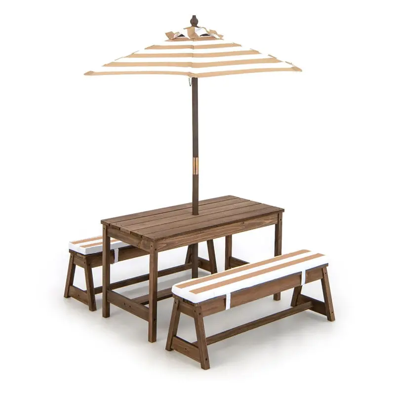 Wooden Kids’ Picnic Table & Bench Set – Outdoor Play Table with Cushioned Seats & Adjustable Umbrella